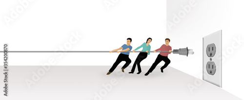 Teamwork is the theme of this illustration of three people pulling on an electric cord as they attempt to plug it into an outlet.