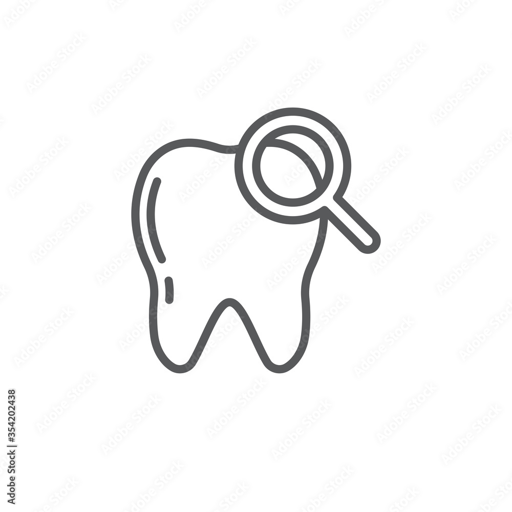 Tooth with magnifying glass vector icon sign and symbol isolated on white background Tooth with magnifying glass vector icon sign and symbol isolated on white background