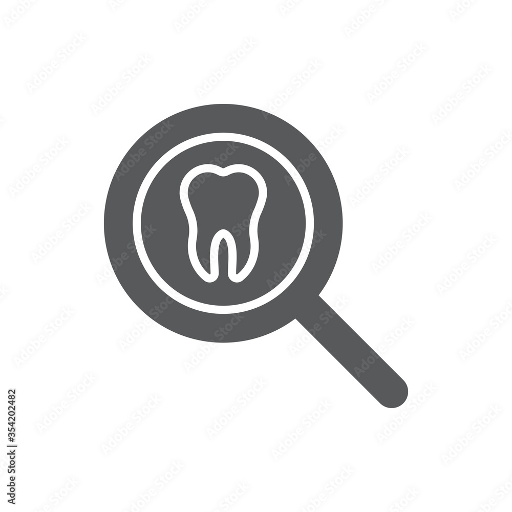 Tooth with magnifying glass vector icon sign and symbol isolated on white background Tooth with magnifying glass vector icon sign and symbol isolated on white background