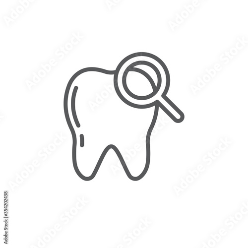 Tooth with magnifying glass vector icon sign and symbol isolated on white background