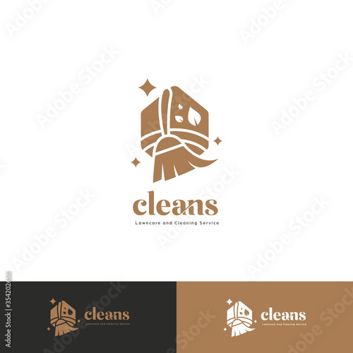 premium cleaning service logo badge with brush broom icon in luxury bronze color style