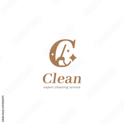 Letter C cleaning service maid logo symbol with broom brush and logotype C icon in elegant premium luxury style