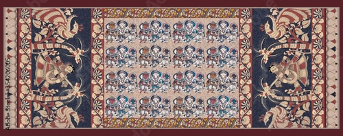 Traditional Madhubani Dupatta Design With Ethnic figer For Textile Digital Print Design  photo