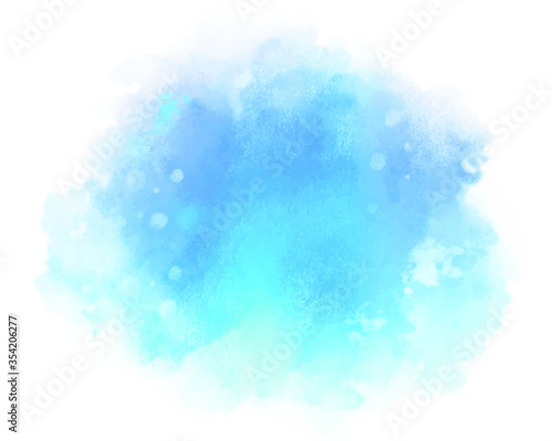 abstract blue water color splash. soft ink stain with splatters and spots on white background.