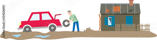 Ready illustration: car breakdown, tire puncture on the road near the house. Village: old house, rough road, puddles. A male driver changes the wheel of a car. Flat infographics. Vector illustration