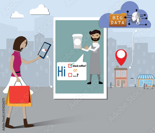 Customer impressed with the service and come back to buy coffee again,flat design of big data - vector