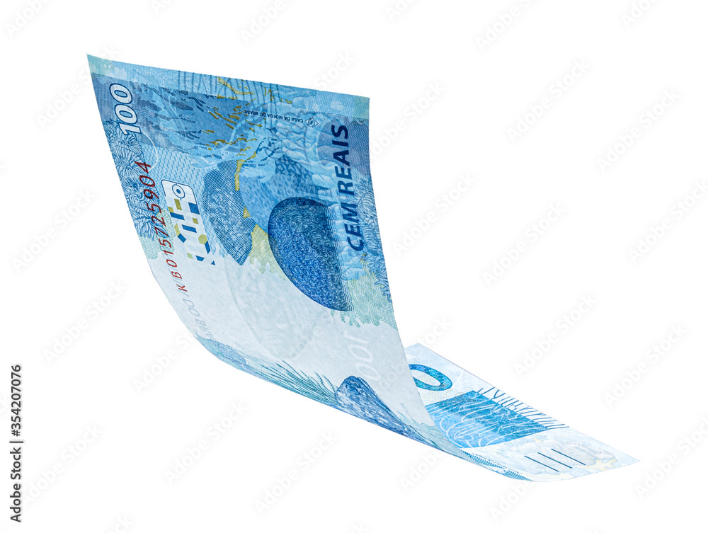 banknote of one hundred reais from brazil falling on isolated white ...