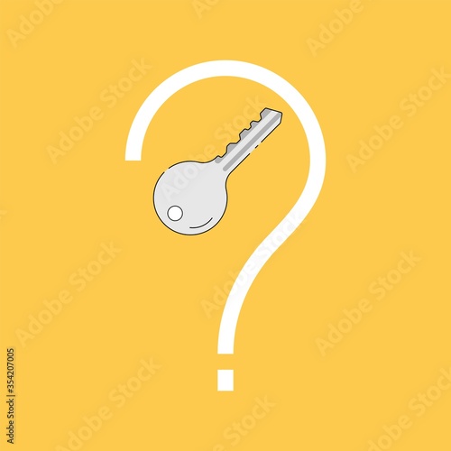 Key to the riddle. Solve the problem. Key inside question mark as a gimmick. Vector illustraion outline flat design style.