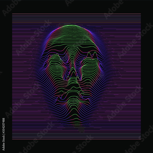 Silhouette of 3d holographic head extruded from lines. Graph made of cuves in form of human face. Futuristic hi-tech style illustration of Artificial intelligence and Robotics concept.