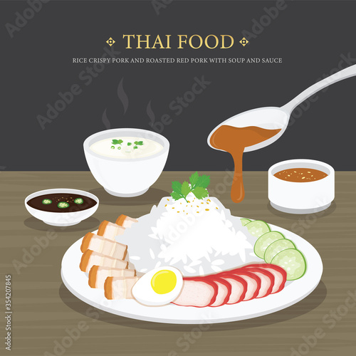 Set of Traditional Thai food, Rice crispy pork and roasted red pork with soup and sauce. Cartoon Vector illustration 