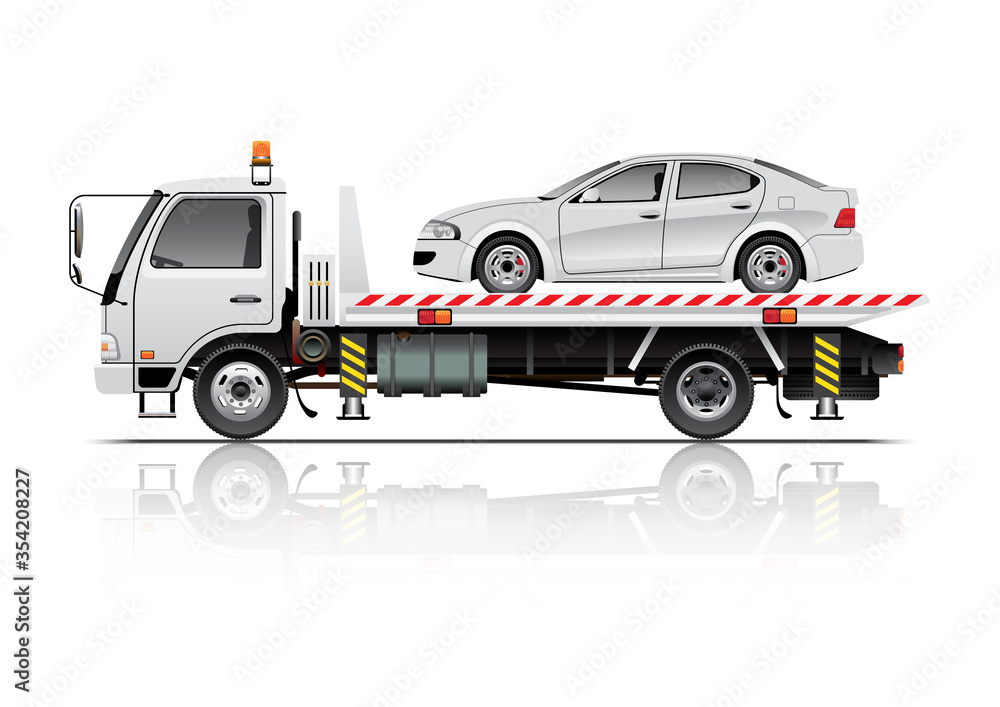VECTOR EPS10 - tow truck and car, isolated on white background. Stock