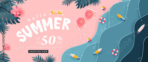 Summer sale design with paper cut tropical beach bright Color background layout banners .Paper art concept.voucher discount.Vector illustration template. photo