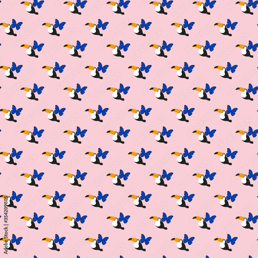 Toucans and butterflies on pink background Toucans and butterflies on pink background