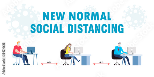 Social distancing concept of Teamwork of business office people maintain New normal lifestyle at job working. Stop covid-19 coronavirus isolated on white background vector illustration