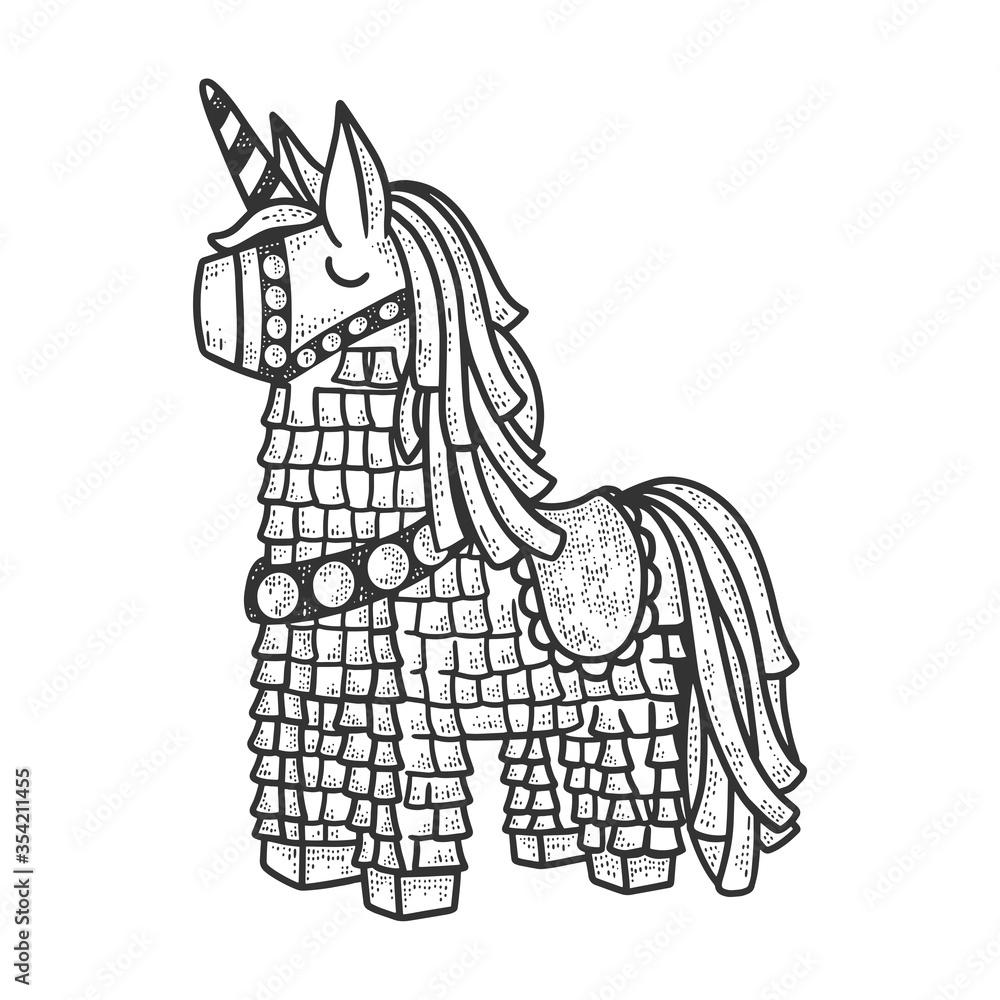 Fototapeta premium pinata toy sketch engraving vector illustration. T-shirt apparel print design. Scratch board imitation. Black and white hand drawn image.
