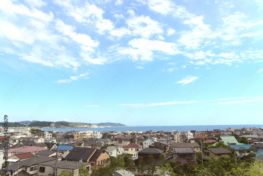 Fototapeta premium Landscape Japanese style living house located in Kamakura, Kanagawa Japan which blue sky, sea view and copy space. 