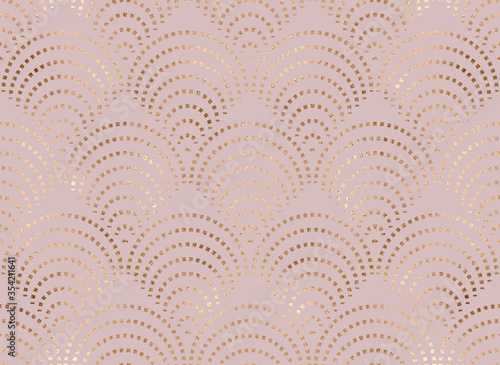 Art deco seamless pattern with gold fan tiles.