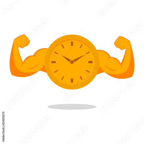 Clock and male arms with flexed biceps muscles. Gym time. 