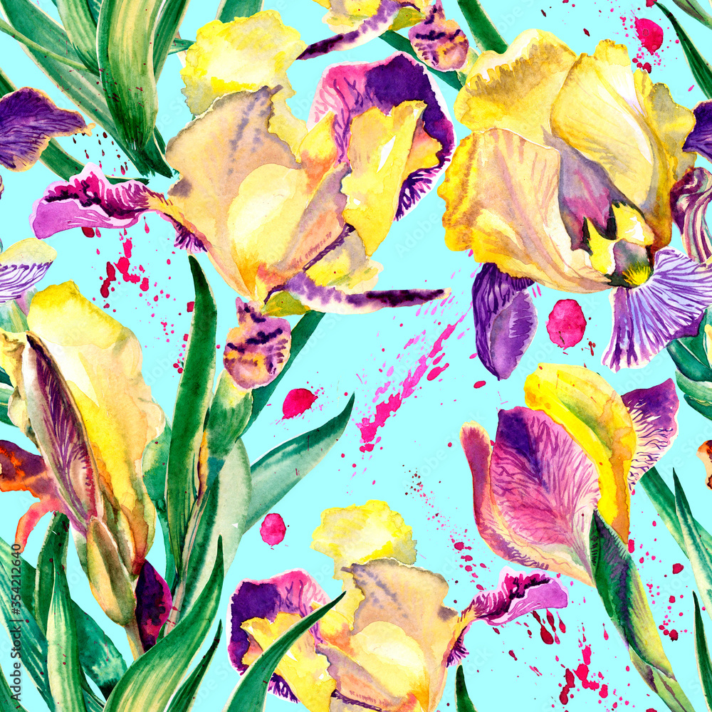 Watercolor iris flowers and abstract illustration. Seamless pattern. Summer, spring design for wallpapers, lights, textiles, textures, covers, fabrics, posters.