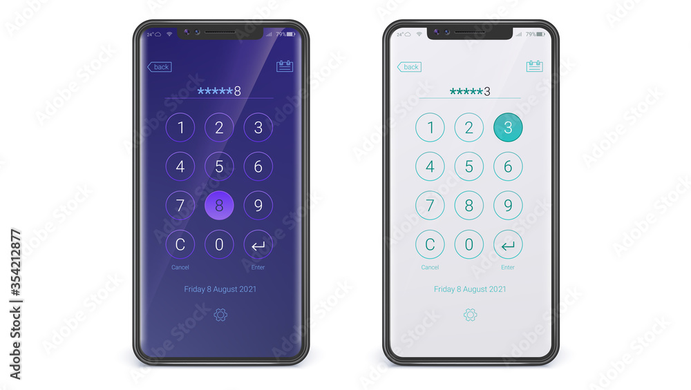 Smartphones with digital dial. UI screen for dialing or entering password. Day and night version. Vector 3D illustration isolated on white. Smartphones with digital dial. UI screen for dialing or entering password. Day and night version. Vector 3D illustration isolated on white.