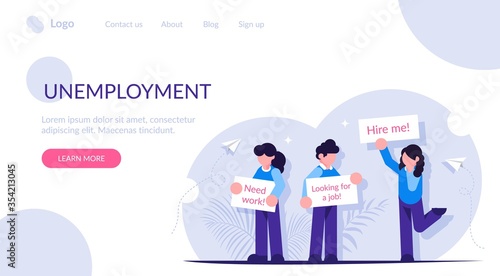 People stand with posters in search of work. Unemployment concept. Modern flat vector illustration.