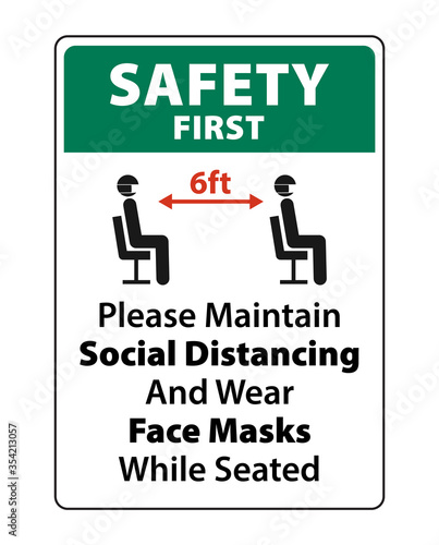 Please Maintain Social Distancing And Wear Face Masks While Seated, Keep at least 6ft apart from each other with face masks graphics