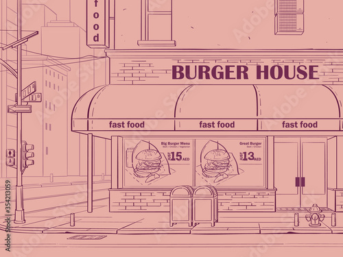Vector contour pink colored background Burger House in New York
