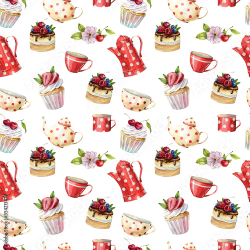 Beautiful watercolor seamless pattern with teapots, cups, cakes, cupcakes, tablecloth flowers, labels. invitation cards, kitchen decor, greeting cards, posters, scrapbooking, print, wallpaper