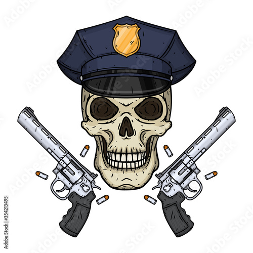Skull. Policman skull. Vector illustration of human skull in police cap and two revolvers