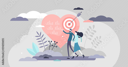 Relationship goals vector illustration. Couple target tiny persons concept.