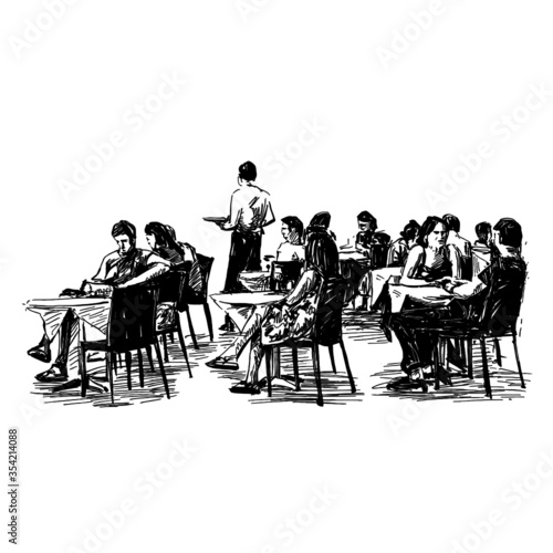 Drawing of people are sitting at restaurant outdoor 