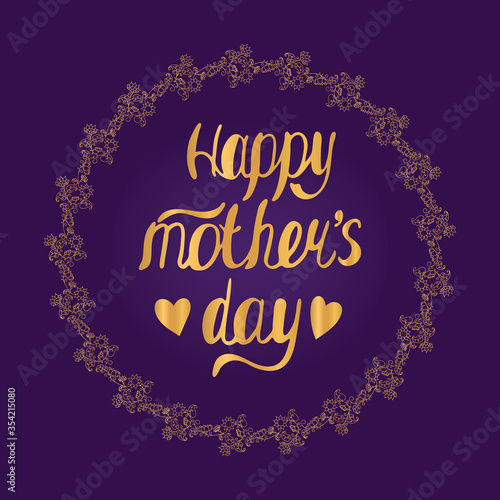 Lettering With mother s day in a gold round flower frame on a purple background. Vector illustration