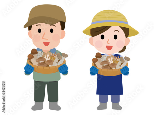 きのこ農家　夫婦　イラスト