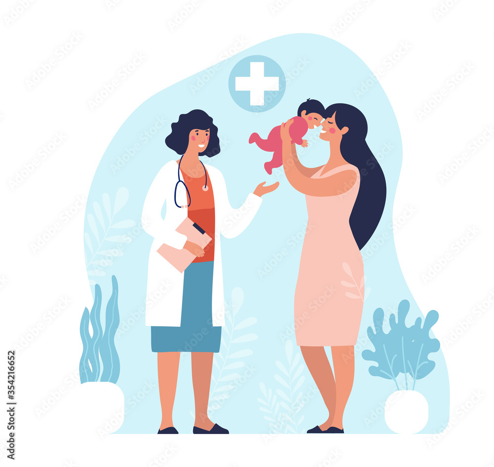 Mom and child are examined by a pediatrician, neonatologist. Medical appointment in the specialist s office. Clipart for design. Flat vector illustration isolated on white. Mom and child are examined by a pediatrician, neonatologist. Medical appointment in the specialist s office. Clipart for design. Flat vector illustration isolated on white.