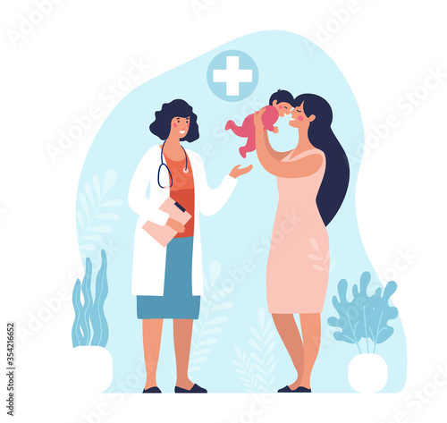 Mom and child are examined by a pediatrician, neonatologist. Medical appointment in the specialist s office. Clipart for design. Flat vector illustration isolated on white.