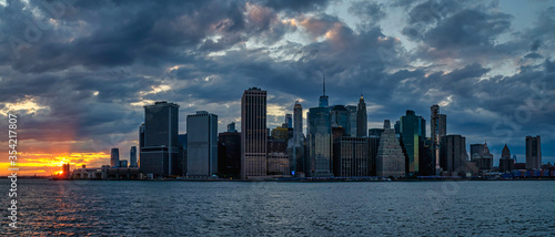 Panoramic Lower Manhattan skyline at sunset