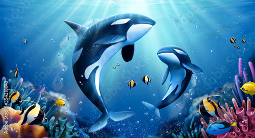 Killer whales family with coral