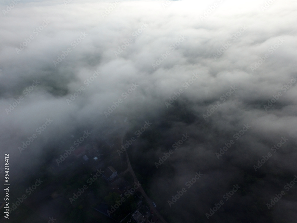 Fototapeta premium Aerial view of the morning fog (drone image). Near Kiev