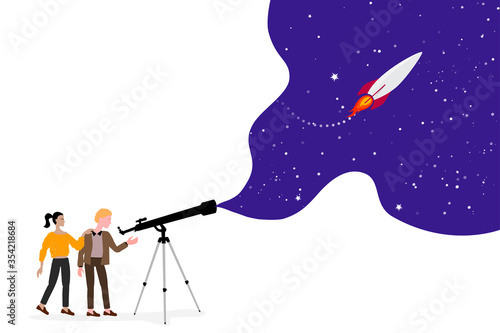 Looking to the future, concept. Two people looking through a telescope, space and a rocket