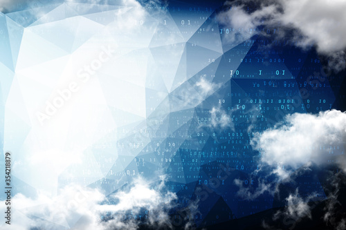 Cloud network in abstract technology background. Cloud networking concept in low poly abstract background filled with binaries and clouds. Futuristic background