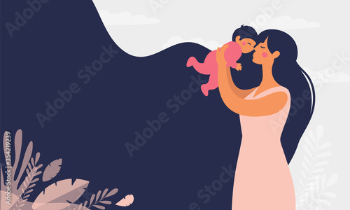 Beautiful young mother holds a baby. The concept of family, motherhood, pregnancy. Modern vector flat illustration. Clipart for design photo