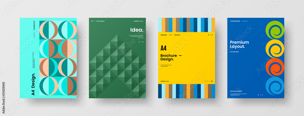 Fototapeta premium Company identity brochure template collection. Business presentation vector A4 vertical orientation front page mock up set. Corporate report cover abstract geometric illustration design layout bundle.