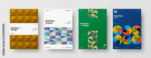 Company identity brochure template collection. Business presentation vector A4 vertical orientation front page mock up set. Corporate report cover abstract geometric illustration design layout bundle.