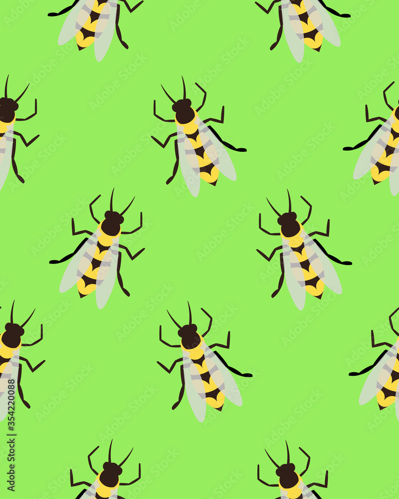 Bees, wasps and gadflies. Green seamless pattern. Design for postcards, prints, clothes. Registration of medicines and cosmetics.