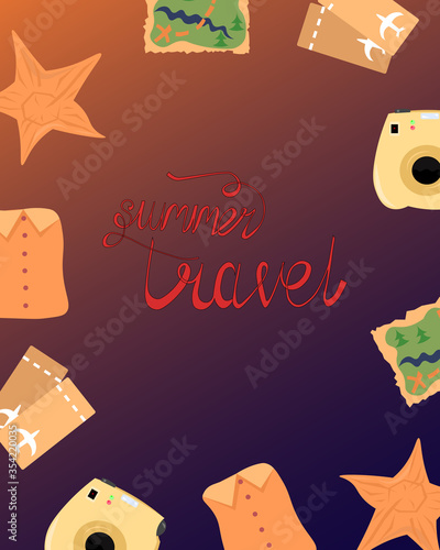 Summertime trevel. Recreation, entertainment and trip. Flights, camera and map. Design for greeting, flyer and print.