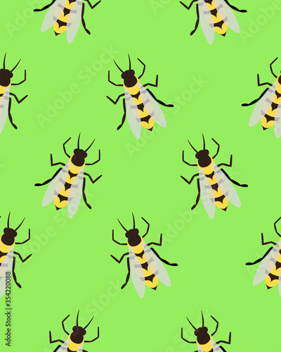 Bees, wasps and gadflies. Green seamless pattern. Design for postcards, prints, clothes. Registration of medicines and cosmetics.
