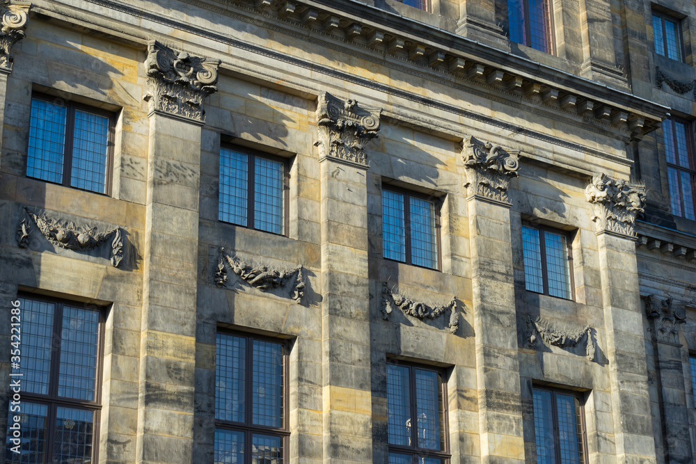 Obraz premium Close up of column detailed of Royal Palace Amsterdam in Amsterdam, Netherlands.