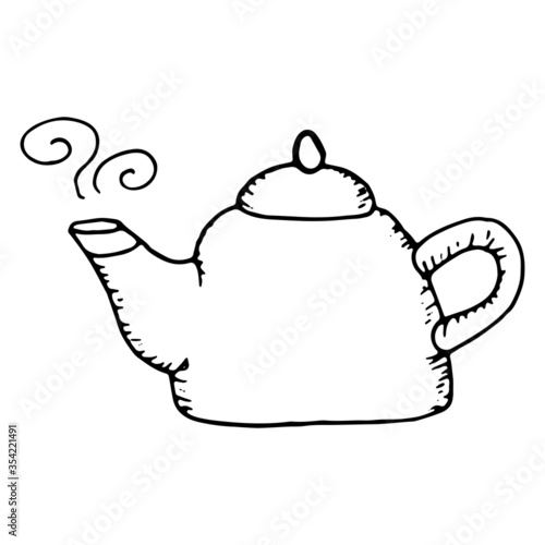 Hand drawn vector cute kettle. Doodle style. Black outline isolated on white. Design for greeting cards, scrapbooking, textile, wrapping paper, cafe or restaurant menu, food infographic.
