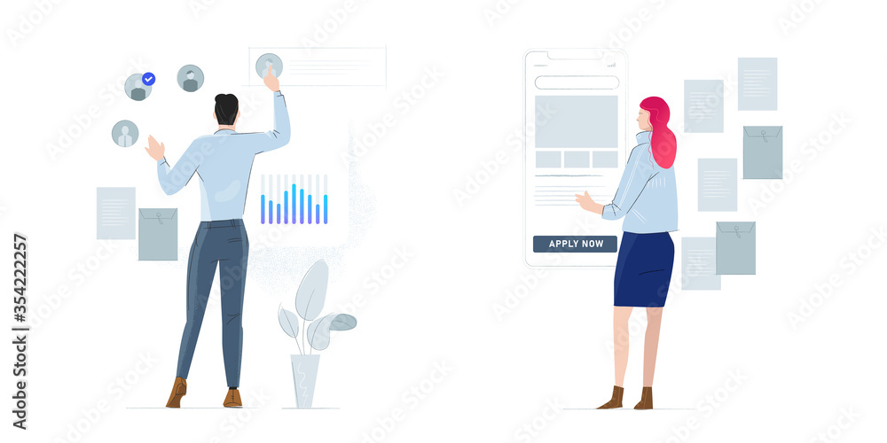 Recruitment and headhunting HR process, employment service icons set. Employee hiring selection candidates, career jobs apply metaphors. Vector isolated metaphor illustrations Recruitment and headhunting HR process, employment service icons set. Employee hiring selection candidates, career jobs apply metaphors. Vector isolated metaphor illustrations