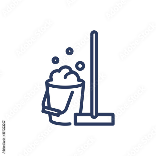 Mop and bucket with foam thin line icon. Janitor supplies, washing floor isolated outline sign. Household, cleanup, domestic work concept. Vector illustration symbol element for web design and apps